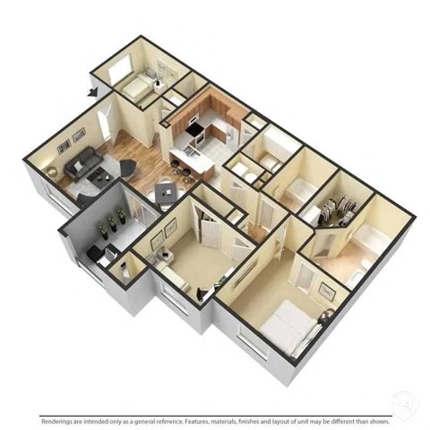 Floor plan for 3 beds, 2 baths, 1121 sqft
